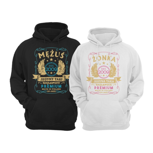 Bluzy dla par zakochanych z kapturem komplet 2 szt. Mężuś Żonka Vintage Rocznica